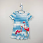 Load image into Gallery viewer, MIni Boden Applique Flamingo Jersey Dress Blue Ivory Stripe 3-4
