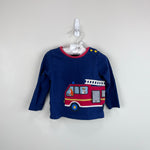 Load image into Gallery viewer, Mini Boden Fire Truck Applique T-Shirt Beacon Blue Fire Engine 6-12 Months
