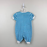 Load image into Gallery viewer, Vintage Hopscotch Blue Striped Teddy Bear Bow Romper 0-6 Months
