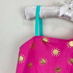 Load image into Gallery viewer, Mini Boden One Shoulder Swimsuit Tickled Pink Gold Foil Suns 9-10
