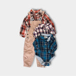 Load image into Gallery viewer, Me &amp; Henry Corduroy Overalls and Plaid Bodysuits Bundle 9-12 Months
