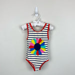 Load image into Gallery viewer, Mini Boden Fun Striped Applique Flower Swimsuit 3-4
