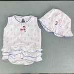 Load image into Gallery viewer, Magnolia Baby Ruffle Bubble Romper &amp; Sun Hat Paris Print 6 Months
