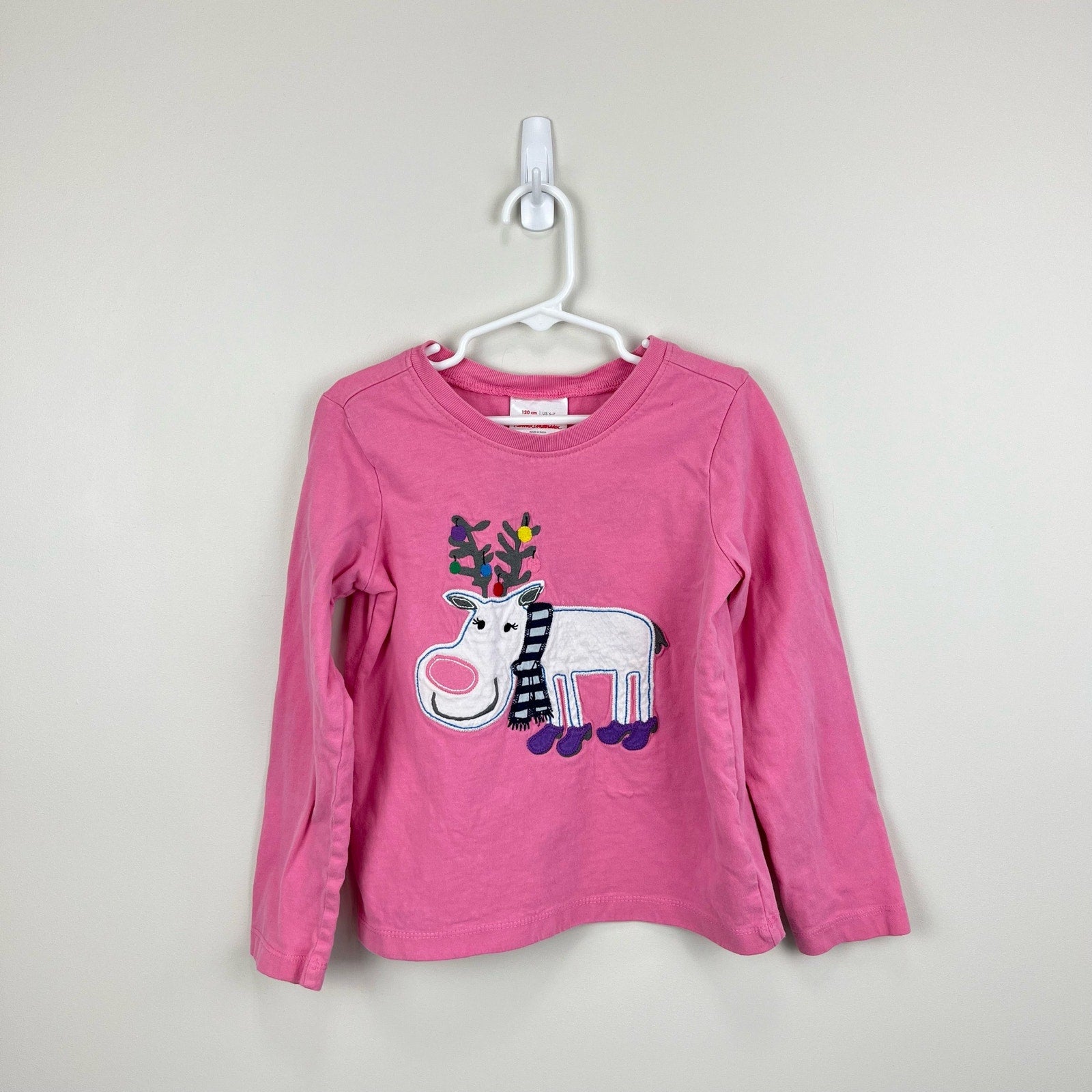 Hanna Andersson Pink Applique Reindeer Tee 120 cm 6-7