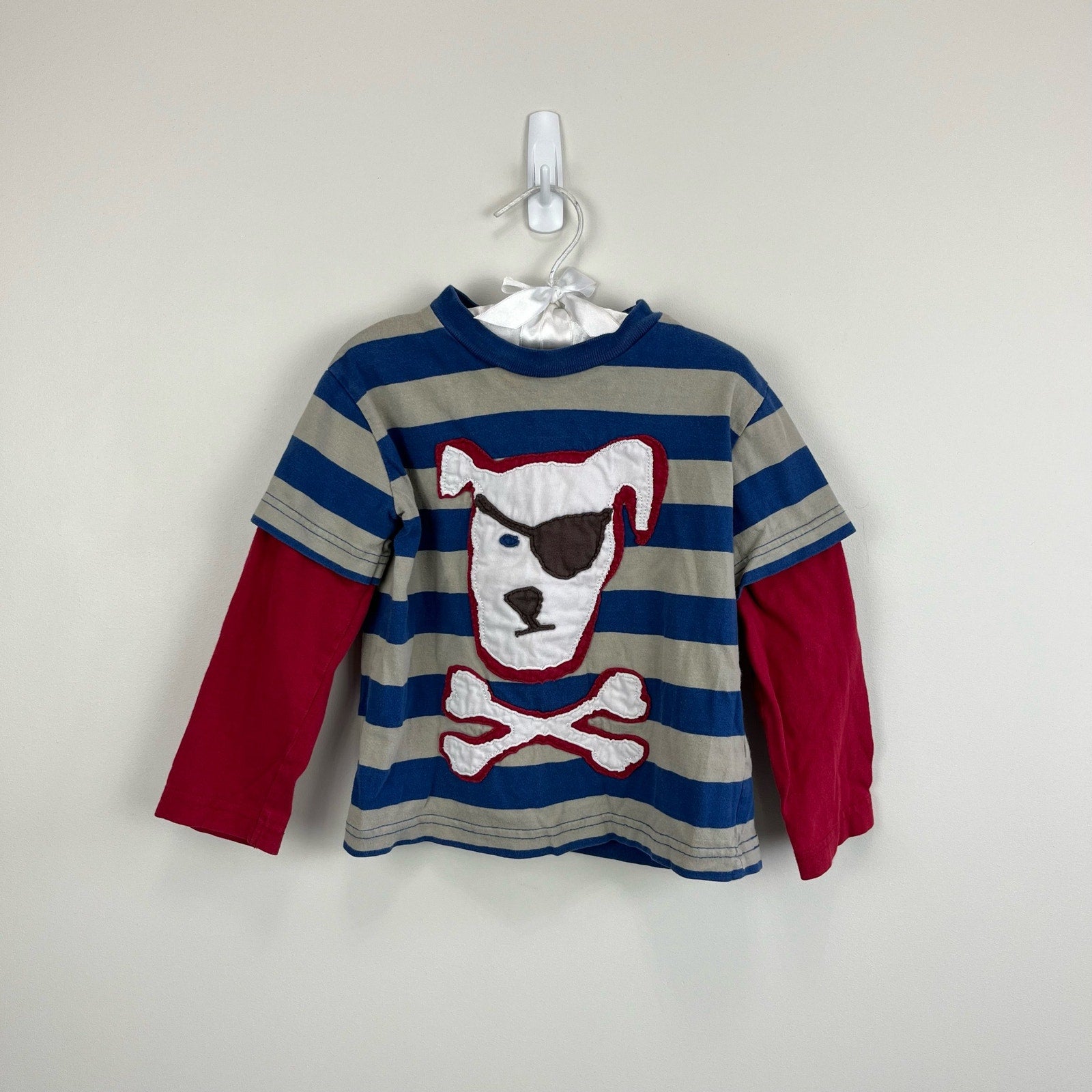 Mini Boden Applique Striped Pirate Dog Tee 2-3