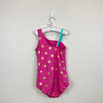 Load image into Gallery viewer, Mini Boden One Shoulder Swimsuit Tickled Pink Gold Foil Suns 9-10
