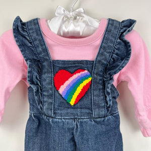 Hanna Andersson Rainbow Heart Ruffle Denim Overalls Set 60 cm 3-6 Months