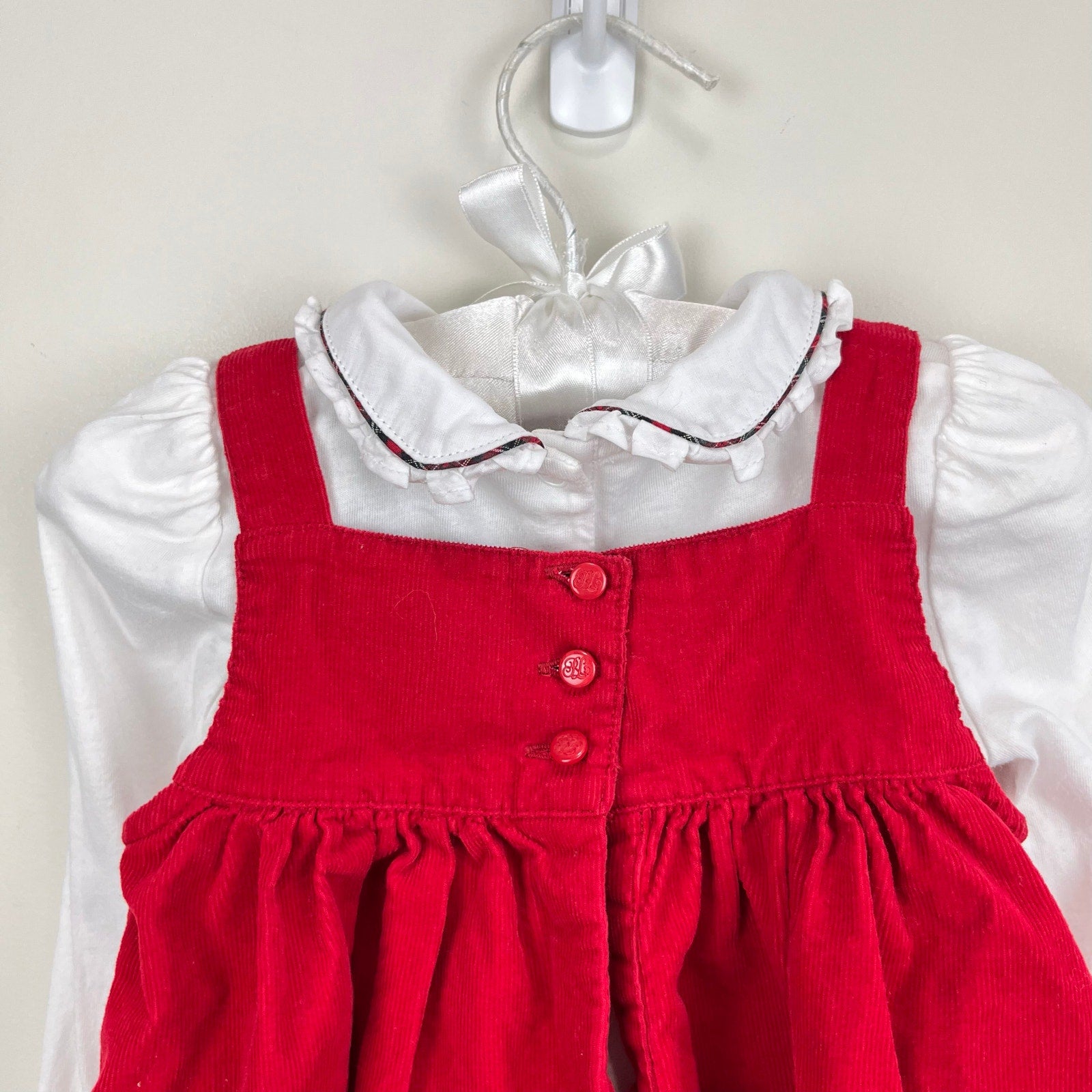 Ralph Lauren Red Corduroy Puppy Basket Ruffle Collar Dress Set 12 Months