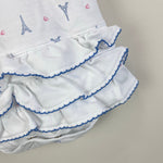 Load image into Gallery viewer, Magnolia Baby Ruffle Bubble Romper &amp; Sun Hat Paris Print 6 Months
