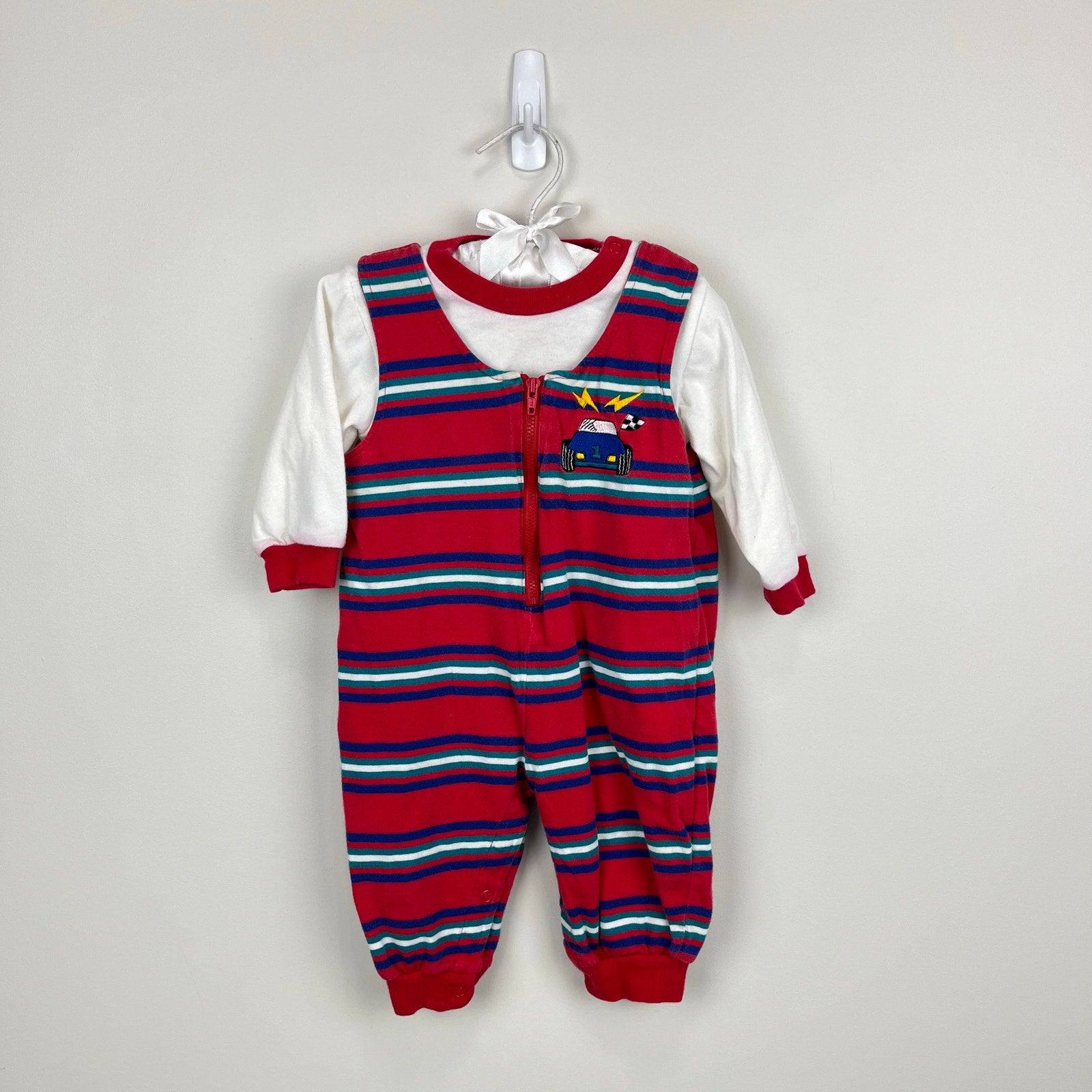 Vintage All Mine Red Striped Race Car Overalls Set 6-9 Months