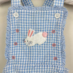 Load image into Gallery viewer, Mini Baby Boden Blue Gingham Applique Bunny Ruffle Sunsuit Romper 6-12 Months
