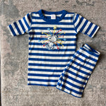 Load image into Gallery viewer, Hanna Andersson Blue &amp; White Striped Snoopy Fireworks Short John PJs 130 cm 8
