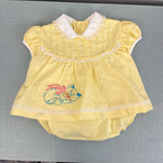 Load image into Gallery viewer, Vintage Cradle Togs Embroidered Cat Yellow Dress Diaper Set Lace Ruffle Small NWOT
