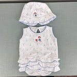 Load image into Gallery viewer, Magnolia Baby Ruffle Bubble Romper &amp; Sun Hat Paris Print 6 Months
