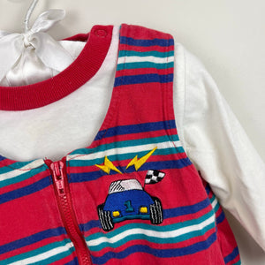 Vintage All Mine Red Striped Race Car Overalls Set 6-9 Months