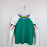 Load image into Gallery viewer, Mini Boden Raglan T-Shirt Applique Rainbow Stripes 11-12

