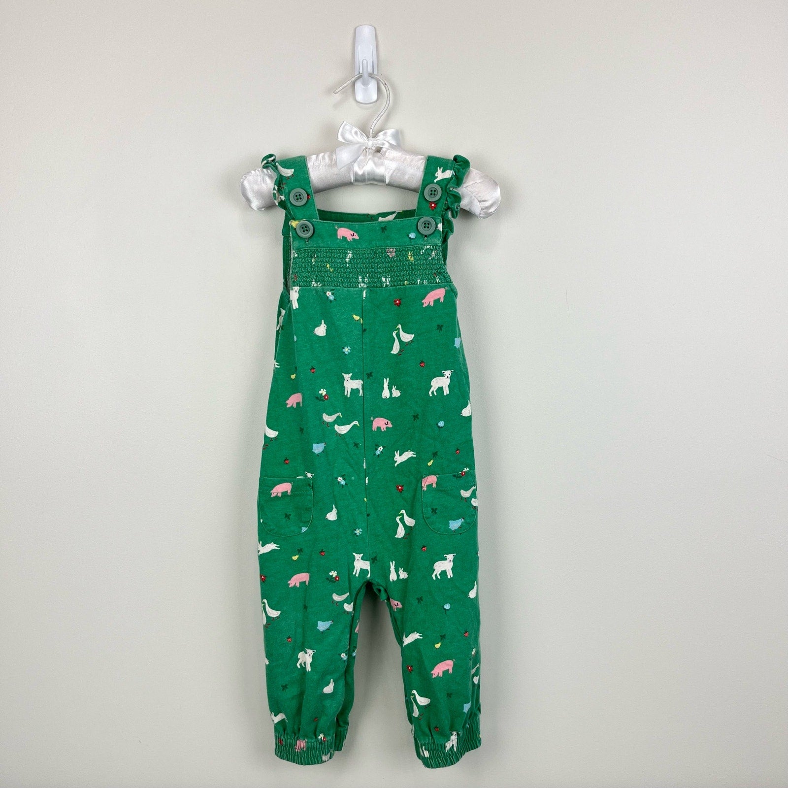 Mini Boden Baby Farm Animal Print Smocked Dungaree Green 12-18 Months