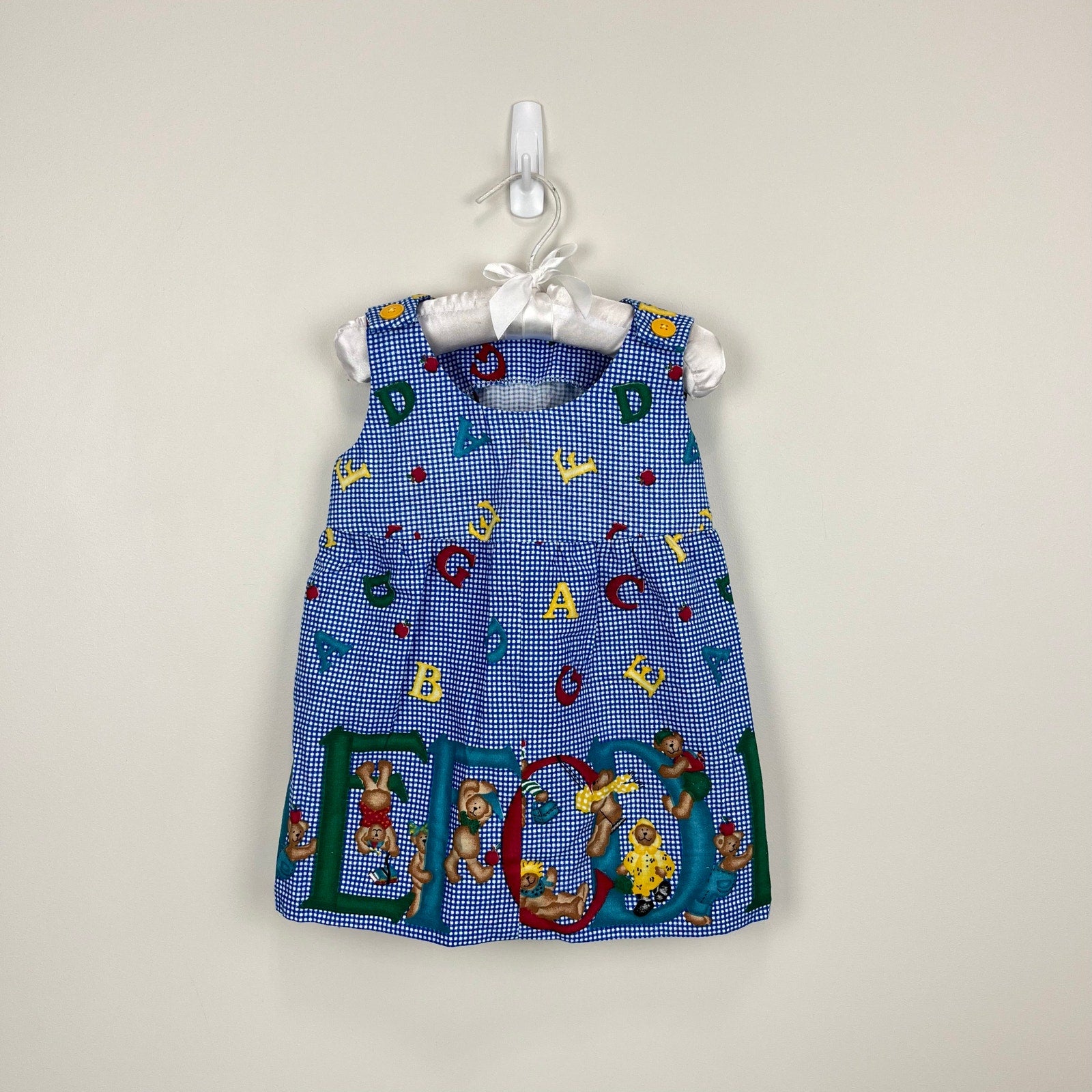 Vintage Blue Plaid Teddy Bear Alphabet Sleeveless Dress