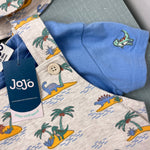 Load image into Gallery viewer, JoJo Maman 3 Piece Dino Dungarees &amp; T-Shirt Set with Hat Natural 12-18 Months NWT
