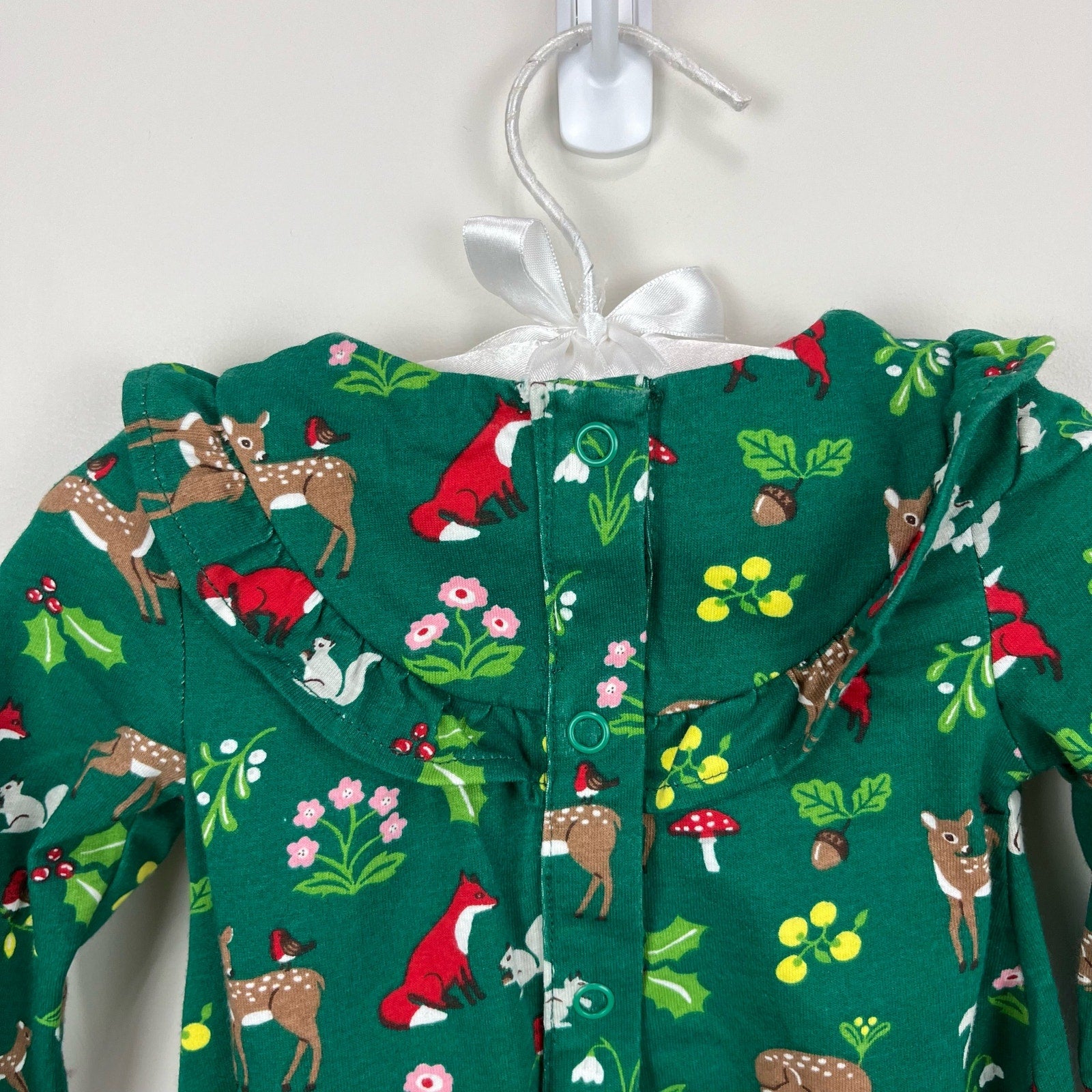 Mini Boden Shady Green Festive Woodland Ruffle Jersey Dress 3-6 Months NWT