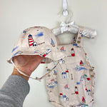 Load image into Gallery viewer, Mayoral Printed Two Piece Dungarees and Sun Hat Set 6-9 Months

