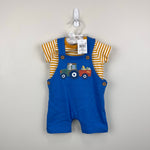 Load image into Gallery viewer, JoJo Maman Bebe Blue Easter Tractor Dungaree Shortall Romper and T-Shirt Set 0-3 Months
