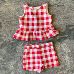 Load image into Gallery viewer, Janie &amp; Jack Island Punch Gingham Peplum Top and Ponte Short 6-12 Months
