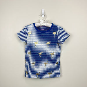 Mini Boden Short Sleeve Blue Striped Flamingo Tee Shirt 9-10