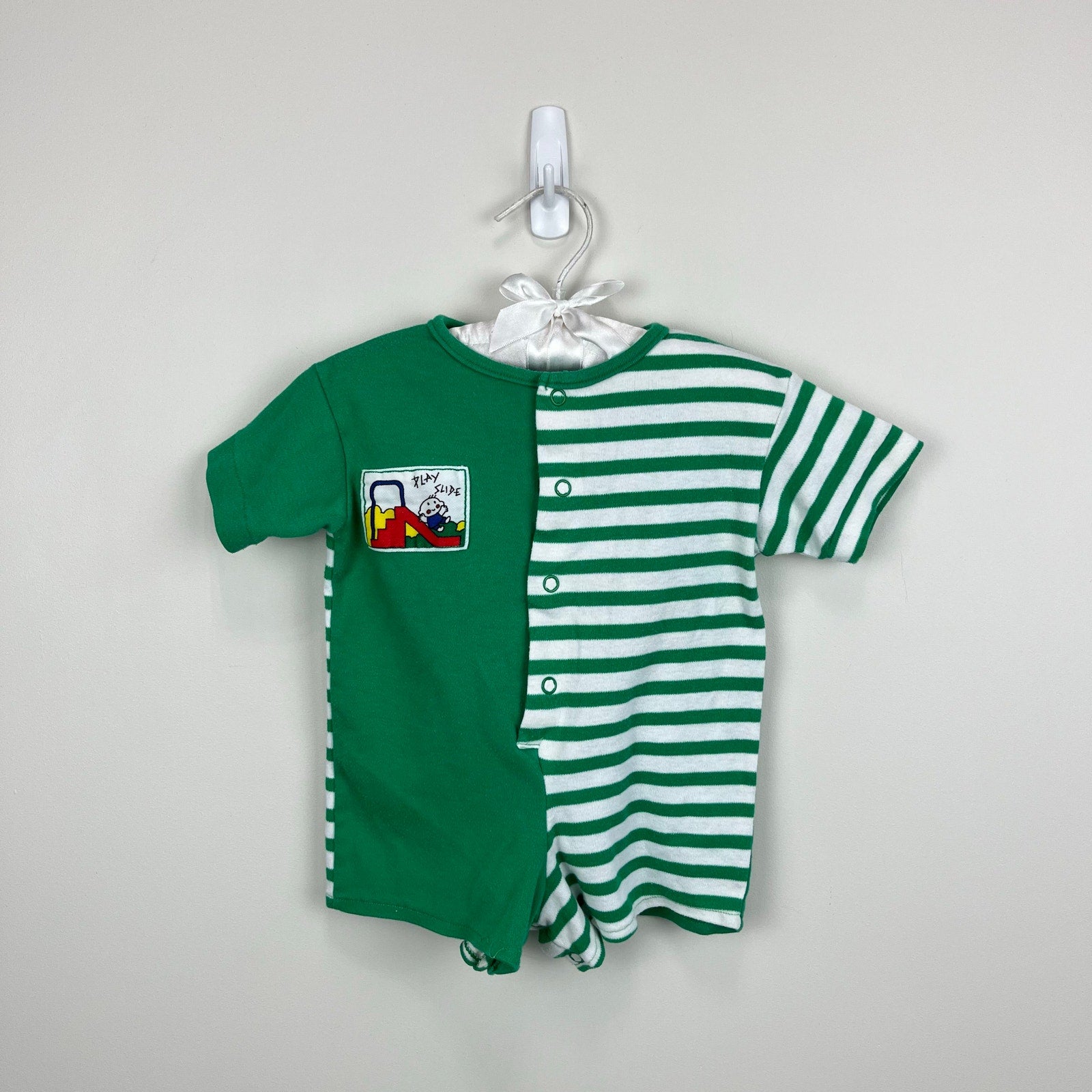 Vintage Pete's Partner A Goodlad Company Green Striped Play Slide Shortall Romper