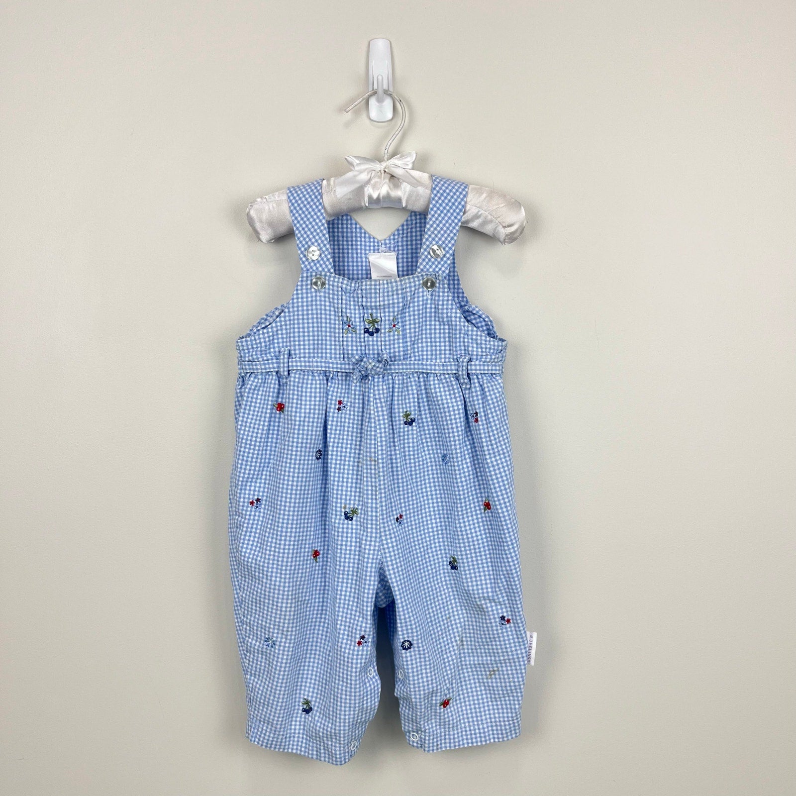 Vintage Mufflings Blue Gingham Fruit & Flower Overalls 9 Months