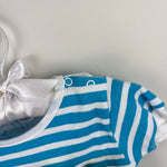 Load image into Gallery viewer, Vintage Hopscotch Blue Striped Teddy Bear Bow Romper 0-6 Months
