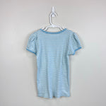 Load image into Gallery viewer, Mini Boden Short Sleeved Pointelle Top Light Celeste Blue/Soft Ivory 11-12
