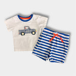 Load image into Gallery viewer, Mini Boden Jersey Short Set Blue Stripe Applique Truck 0-3 Months
