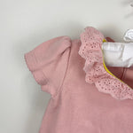 Load image into Gallery viewer, Mini Boden Short Sleeve Pink Eyelet Ruffle Collar Bodysuit 18-24 Months
