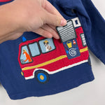 Load image into Gallery viewer, Mini Boden Fire Truck Applique T-Shirt Beacon Blue Fire Engine 6-12 Months
