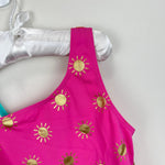 Load image into Gallery viewer, Mini Boden One Shoulder Swimsuit Tickled Pink Gold Foil Suns 9-10
