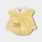 Load image into Gallery viewer, Vintage Cradle Togs Embroidered Cat Yellow Dress Diaper Set Lace Ruffle Small NWOT
