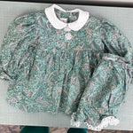 Load image into Gallery viewer, Vintage Janes Green Paisley Floral Lace Dress &amp; Bloomers Set Baby Girl
