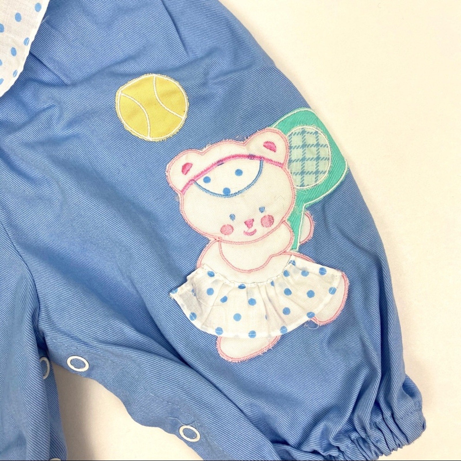 Vintage Blue Polka Dot Ruffle Teddy Bear Overalls