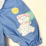 Load image into Gallery viewer, Vintage Blue Polka Dot Ruffle Teddy Bear Overalls
