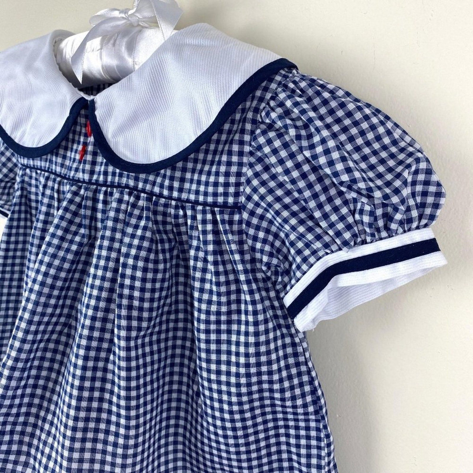 Vintage Petit Ami Navy Blue Gingham Flower Dress 24 Months