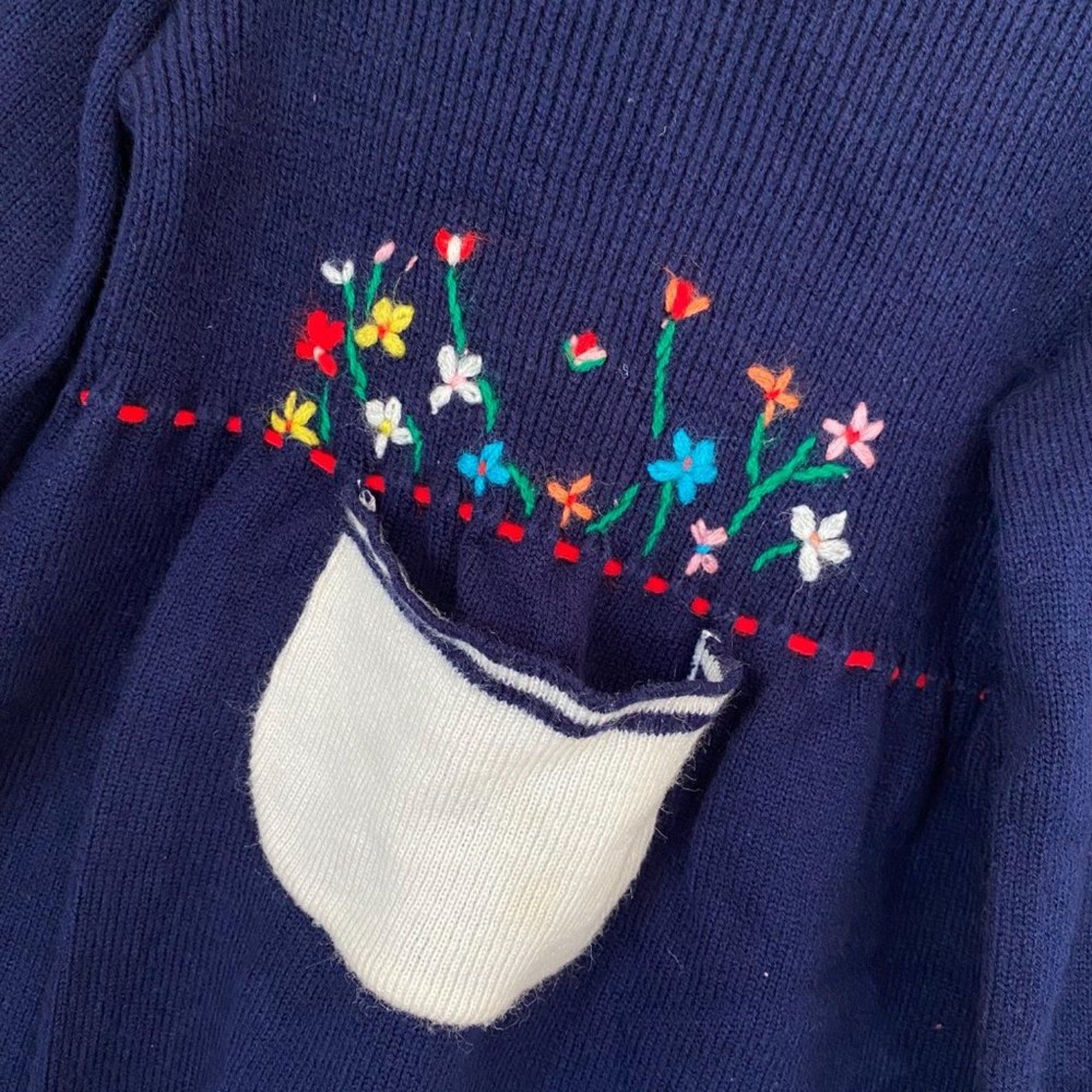 Vintage Toddler Girls Navy Blue Knit Dress with Flowers