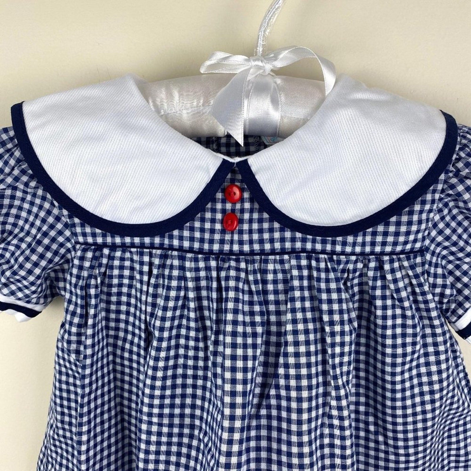 Vintage Petit Ami Navy Blue Gingham Flower Dress 24 Months