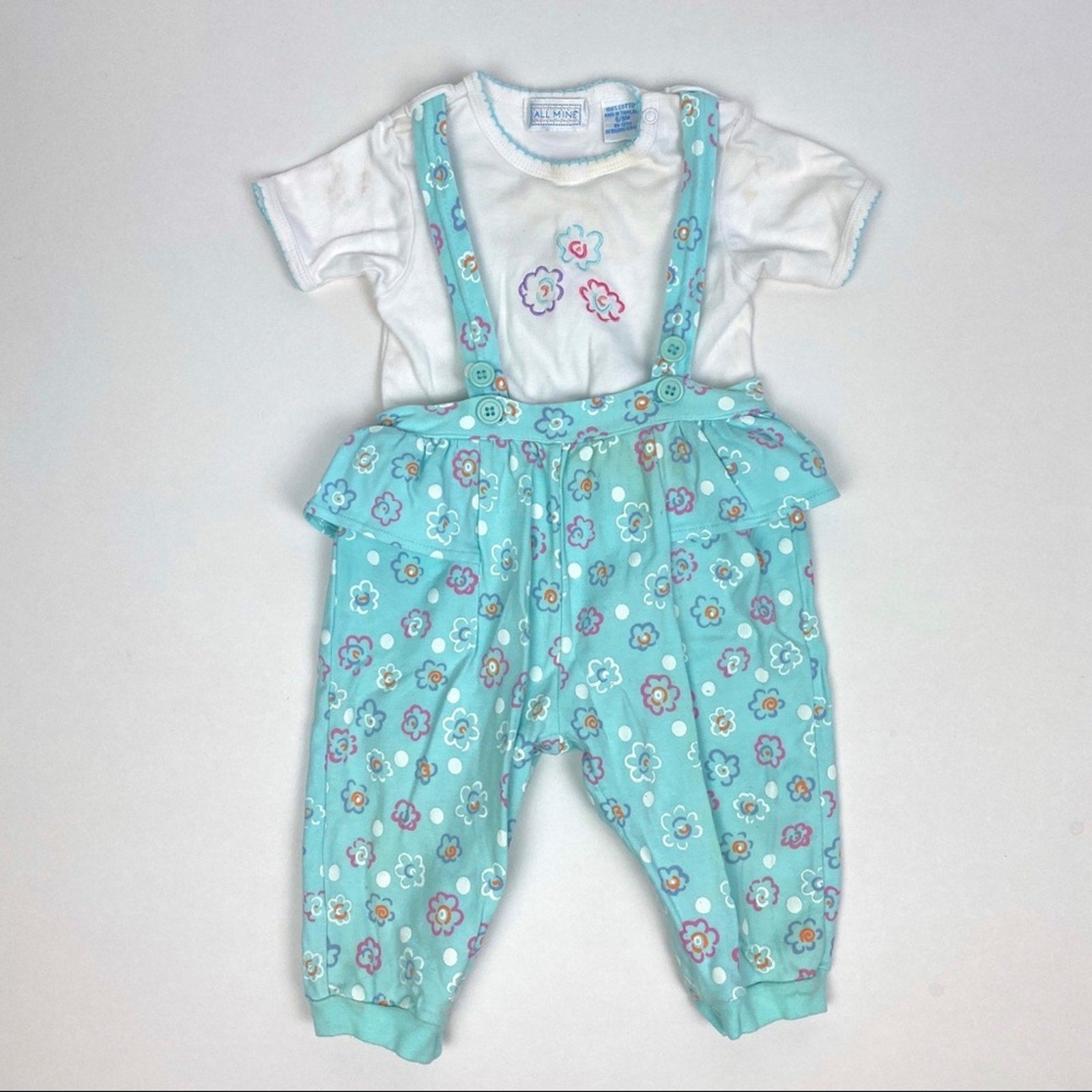 Vintage All Mine Aqua Green Ruffle Suspender Overalls Set 6-9