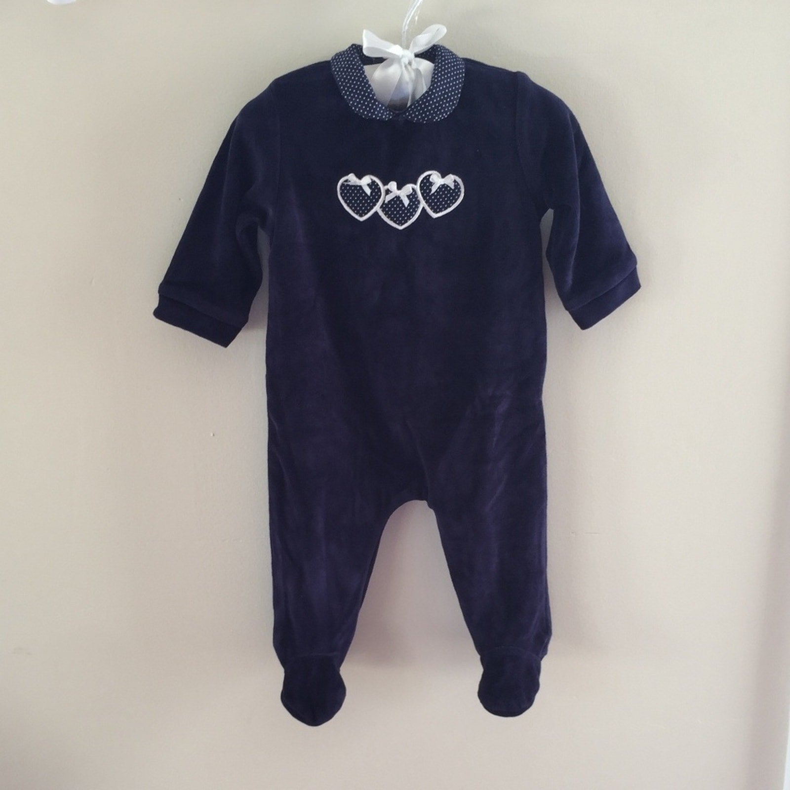 P&P Piccino Piccina Navy Velour Heart Footie 6 Months