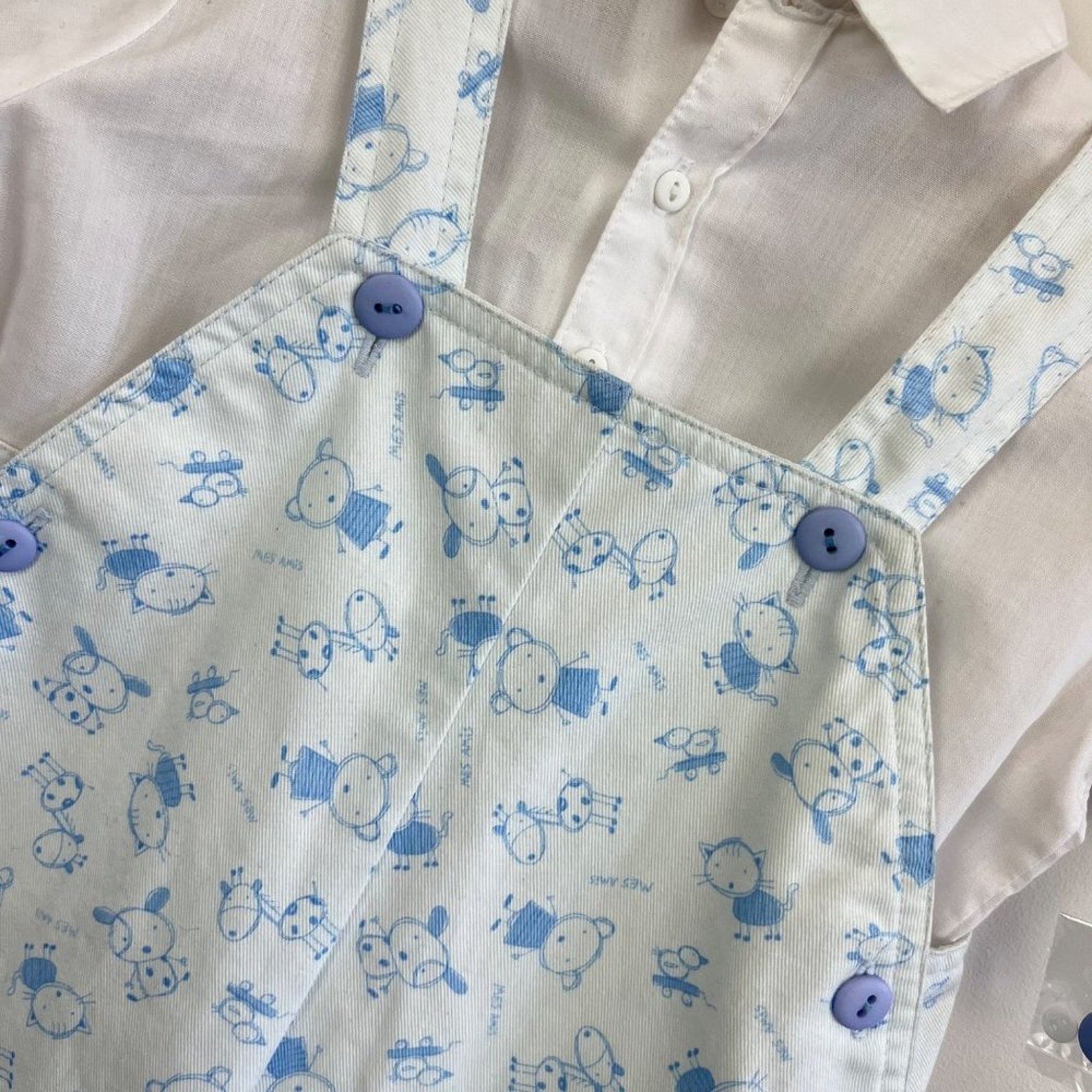 Sarah Louise England White Blue Animal Print Overalls Set 18 Months NWT