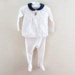 Load image into Gallery viewer, Laranjinha White &amp; Navy Layered Babygrow 12 Months
