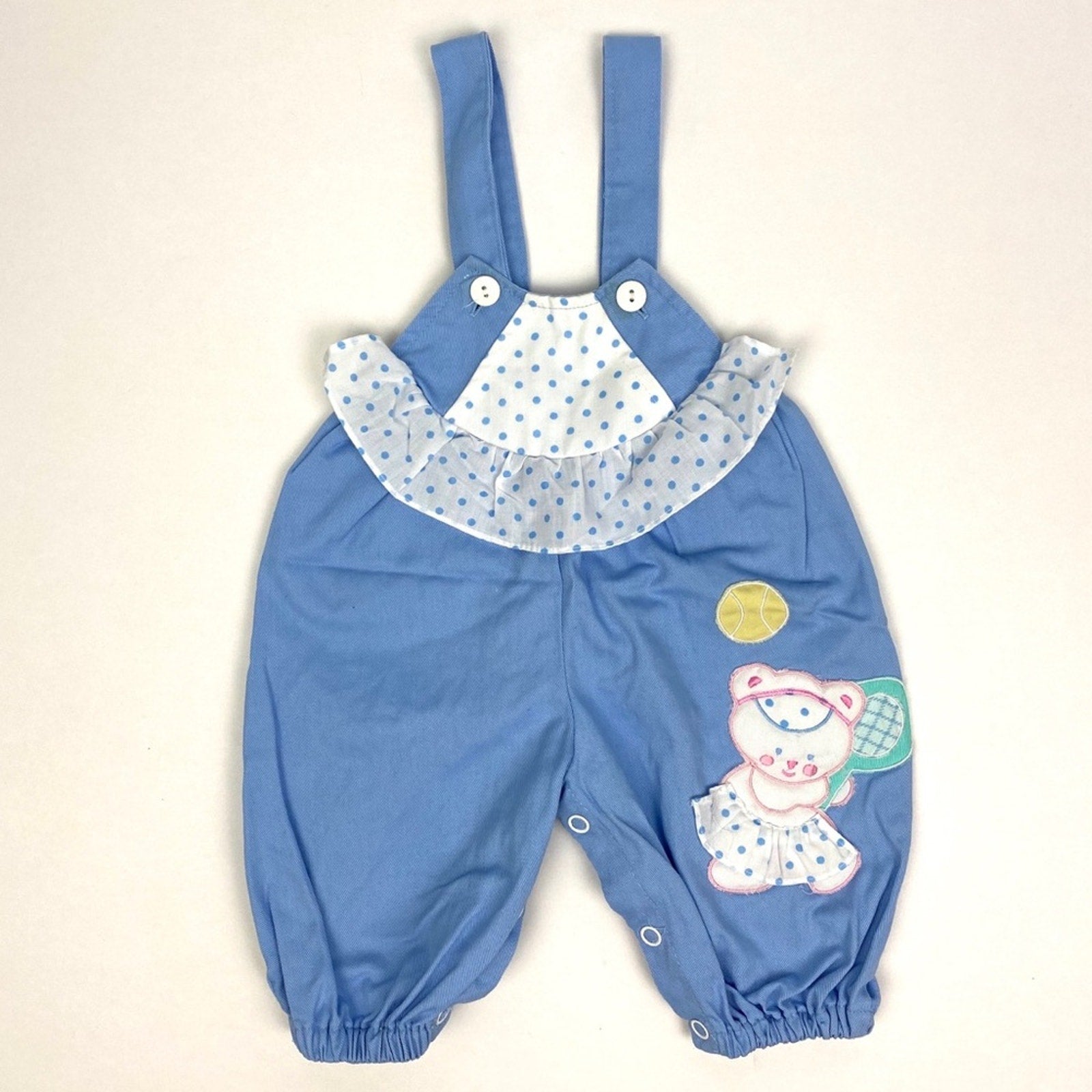 Vintage Blue Polka Dot Ruffle Teddy Bear Overalls