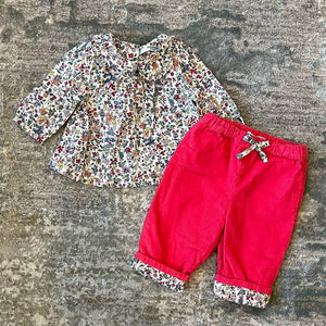 Mini Boden Cozy Pink Corduroy Pants & Floral Blouse 0-3 Months