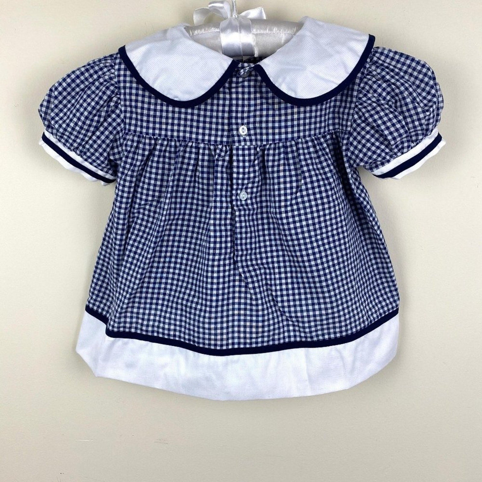 Vintage Petit Ami Navy Blue Gingham Flower Dress 24 Months